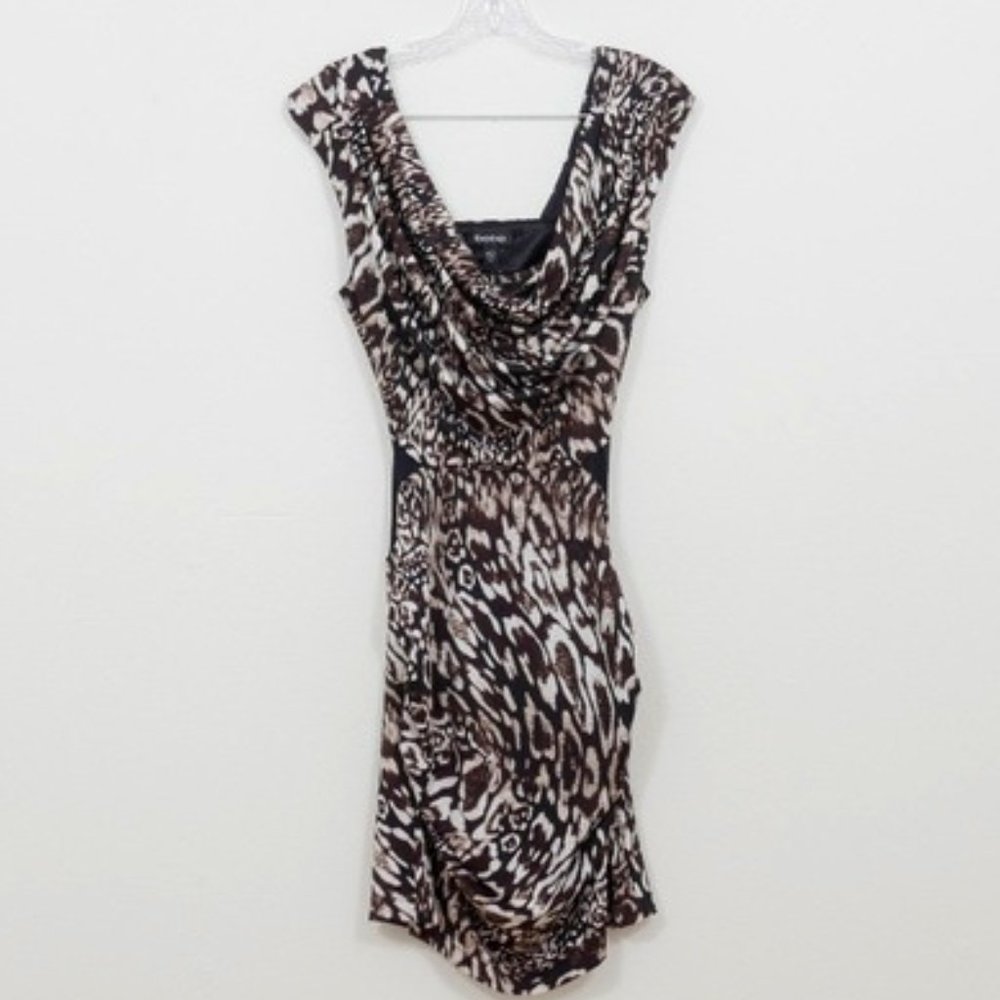 bebe open back animal print draped front dress